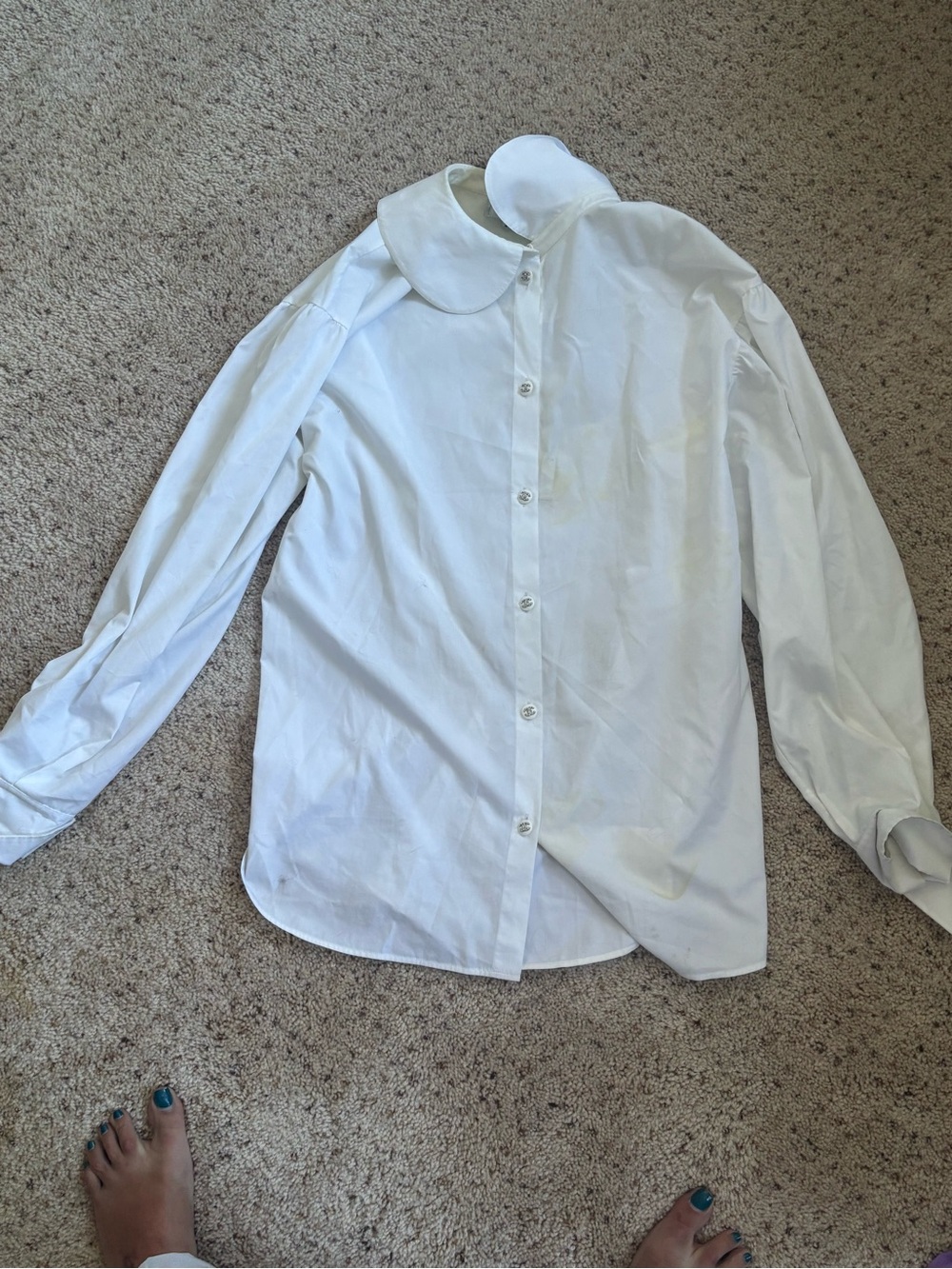 Chanel White Button Down with Crystal CC Buttons